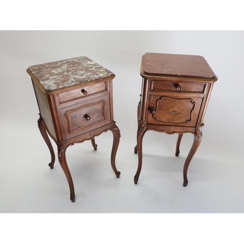 1313 - Early 20th C French walnut bedside cabinet, with inset rouge marble top and single drawer above a mo... 