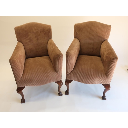 1315 - Pair of small Queen Anne style arm chairs, upholstered in mushroom cord with serpentine backs and se... 