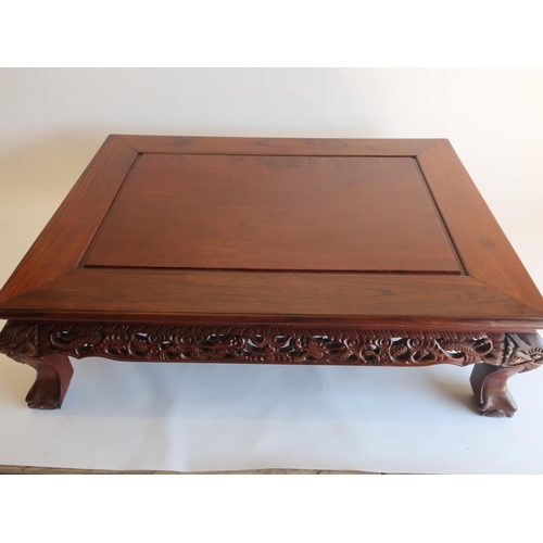 1316 - Large 20th C Chinese padouk coffee table, rectangular molded top with dragon and pierced frieze on f... 