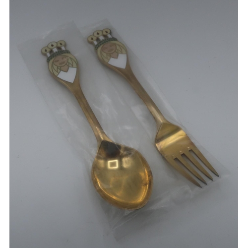 1087 - Michelsen Danish Sterling silver and enamel Lucia Bride design Christmas Spoon & Fork for 1959, unop... 