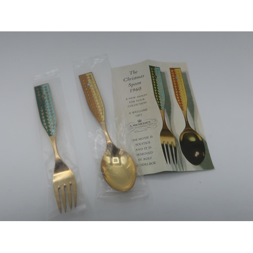 1088 - Michelsen Danish Sterling silver and enamel Solstice  design Christmas Spoon & Fork for 1960, unopen... 