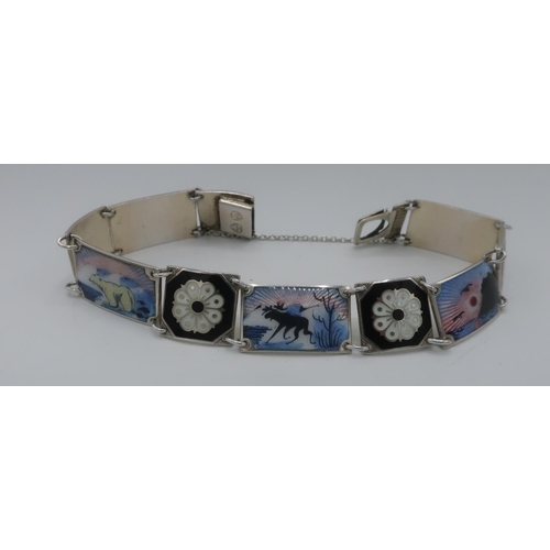 1090 - David Anderson Norwegian Sterling silver and enamel panel bracelet of alternating Winter scenes and ... 