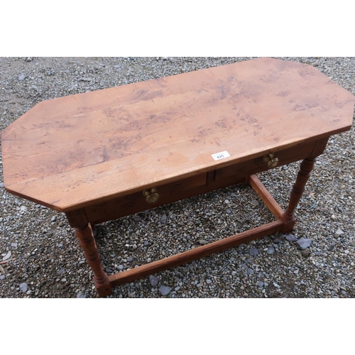 514 - Craftsman made oak coffee table, with burr top and two drawers on turned supports, joined by stretch... 