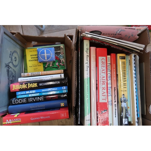 41 - Qty. of books including motorsport autobiographies, aeroplanes, Muhammad Ali etc in two boxes