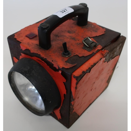 23 - Early red painted Swinford type miners hand lamp with side opening flap with label for Swinford S.M ... 