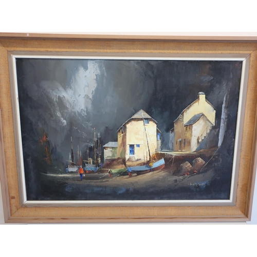 1199 - Jack R Mould (British 1925-1998): Cornish Harbour scene with figures, oil on canvas, signed, 50cm x ... 