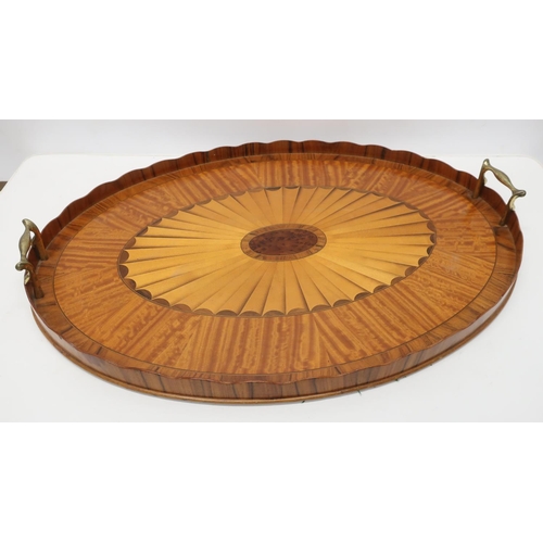1303 - Edwardian Sheraton Revival satinwood oval galleried tray, with fan medallion centre and two brass ha... 