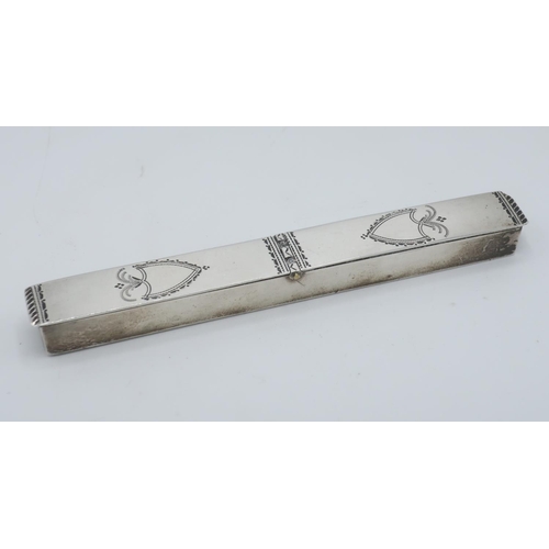 1102 - Geo.111 hallmarked silver rectangular tooth powder box, twin hinged covers bright cut with shield sh... 