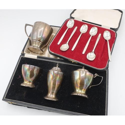 1104 - Set of six mid century hallmarked silver coffee spoons, Sheffield 1964 by Viner's Ltd, a Geo.V three... 