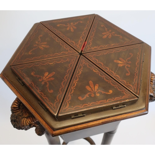 1332 - Regency style hexagonal jardinière, six compartments with lifting tops and metal liners, on three fa... 