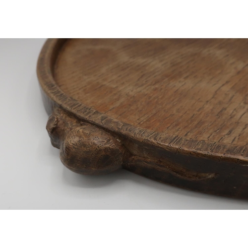 1024 - Robert Mouseman Thompson - kidney shaped adzed oak tea tray with raised border, carved with two sign... 