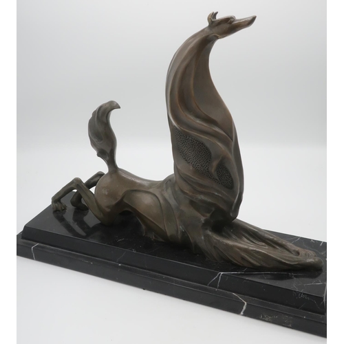 1250 - French School (20th Century): Art Deco study of a seated styalised Hound, patinated bronze on steppe... 