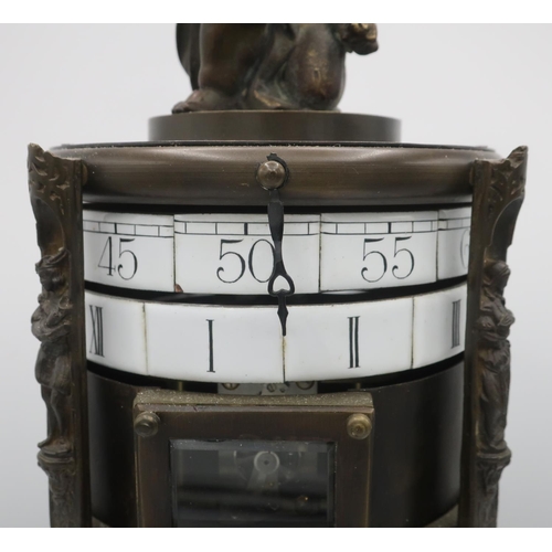 1269 - French style mantle timepiece, patinated cylindrical column with painted porcelain panels and applie... 