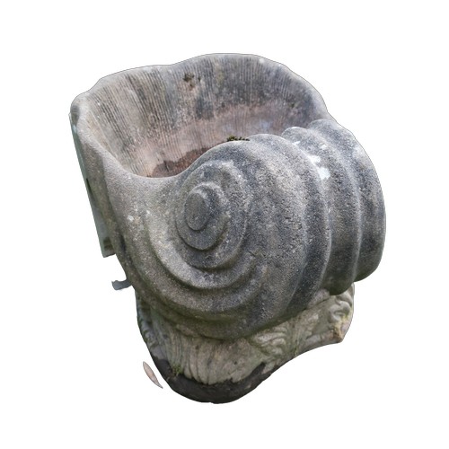 1354 - Pair of weathered stone garden planters in the form of scrolled sea shells on leaf bases W30cm D45cm... 