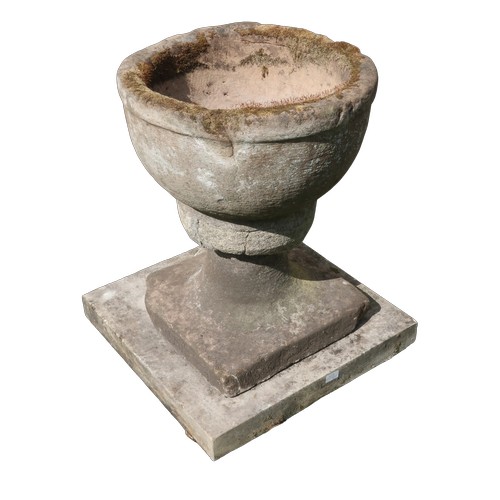 1356 - Early carved stone font or mortar with bell shaped bowl on tapering column and stepped square base D... 