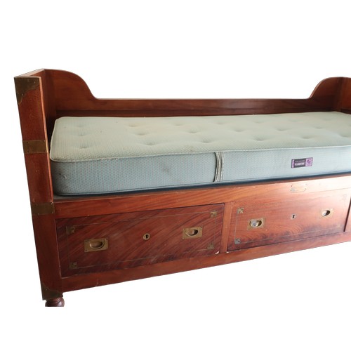 1277 - 'The Great Eastern Liverpool 1811'- a mahogany campaign style single bed, raised back and sides abov... 
