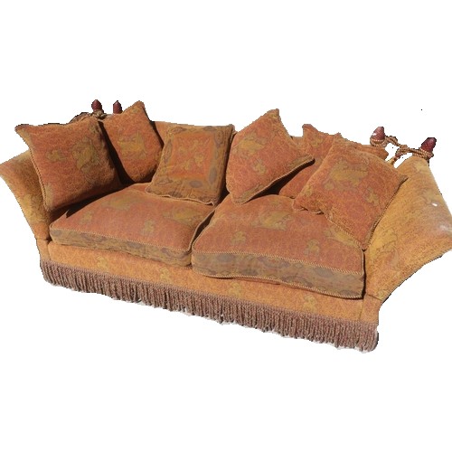 1323 - Country house Knole type sofa, upholstered in Renaissance chenille with pineapple finials with rope ... 