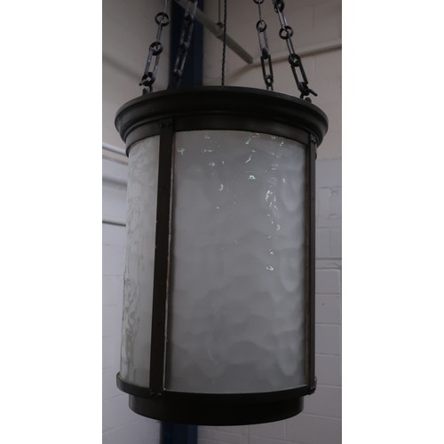 1258 - Large 20th century bronze hall lantern, cylindrical body with four opaque textured glass panels, on ... 