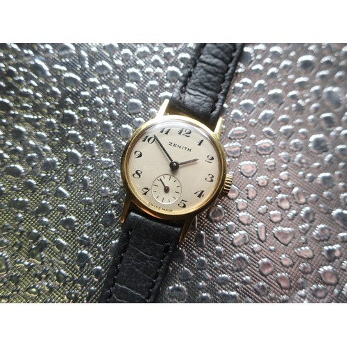 1124 - Ladies Zenith manual wristwatch, 18ct gold case on leather strap, case back stamped Zenith 18k .750,... 