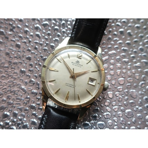 1120 - Bucherer automatic wristwatch with date, gold plated and stainless steel case on leather strap, scre... 