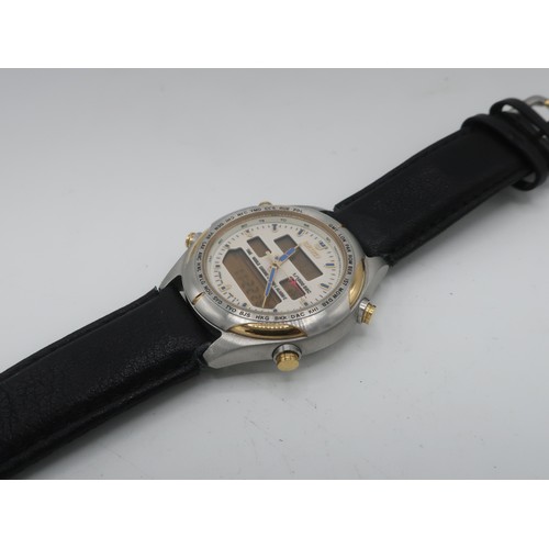 1131 - Seiko World Time quartz chronograph alarm wristwatch, stainless steel case gold plated pushers on la... 