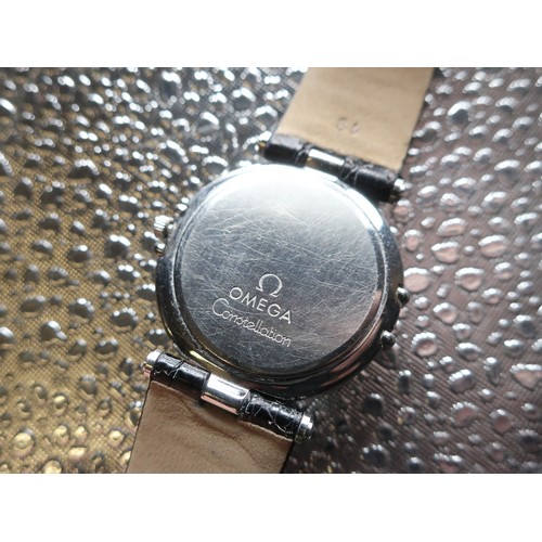 1117 - Omega constellation quartz with date, stainless steel case on later leather strap and Omega buckle, ... 