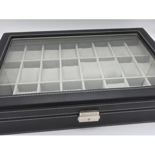 1132 - Songmics black leather watch display case to hold 24 wristwatches, lacking one cushion