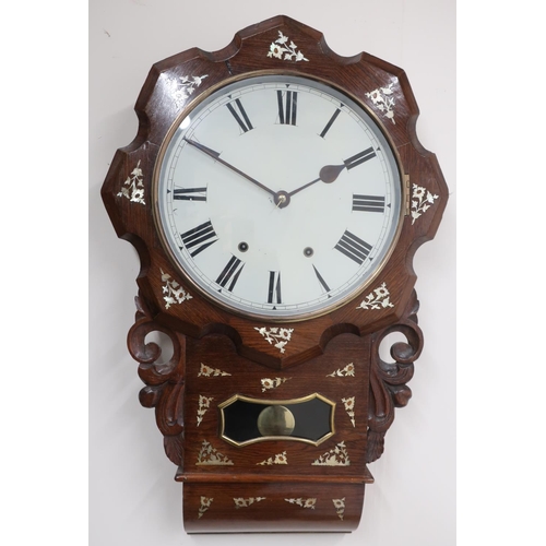 1270 - Late 19th C American drop dial wall clock, white Roman dial in oak case inlaid with mother of pearl,... 
