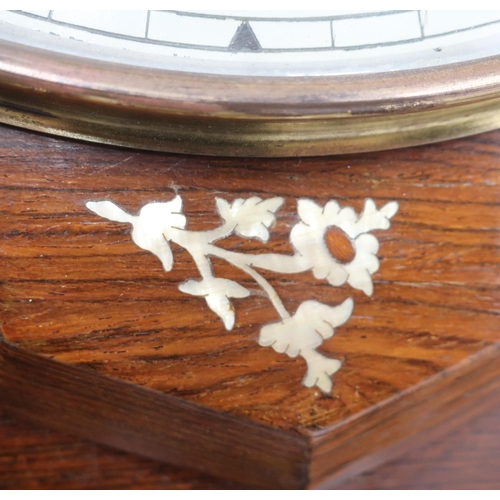 1270 - Late 19th C American drop dial wall clock, white Roman dial in oak case inlaid with mother of pearl,... 