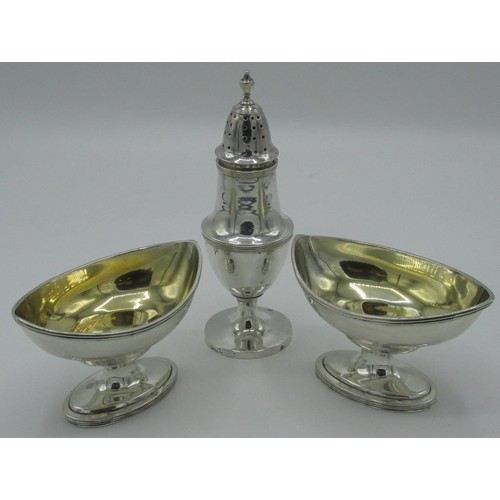 1081 - Pair of Geo.111 hallmarked silver navette shaped pedestal salts, London 1800 by Peter Anne and Willi... 