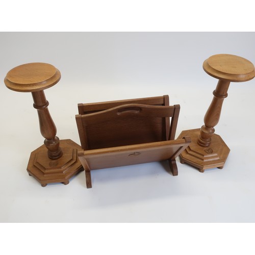 1069 - Andrew Conning Butterfly Furniture - a pair of oak stands, circular tops on baluster columns and ste... 