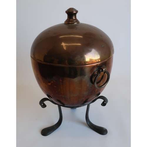 1256 - Unusual Arts and Crafts copper and wrought metal fuel bin and cover, egg shaped body with capstan fi... 