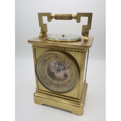 1267 - Late 19th Century French brass large carriage clock with aneroid barometer, chaptering set with Roma... 