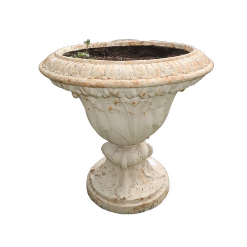 1358 - Small white painted cast iron garden urn with scroll cast body on stepped circular base D45cm H43cm