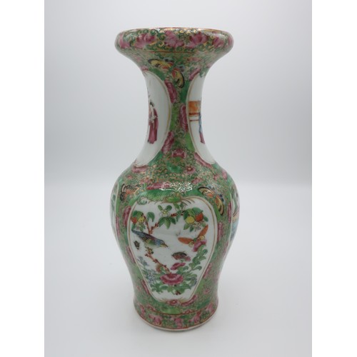 1224 - Early 20th century Canton baluster shaped vase, deorated in Famille verte enamels with panels of fig... 