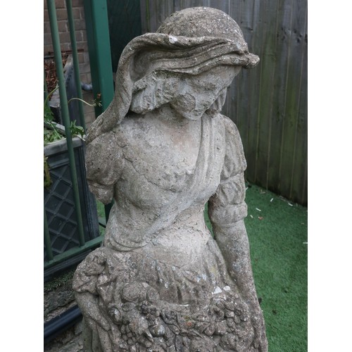 1351 - Composite garden figure modelled as a female flower seller, H132cm, another similar of a female carr... 