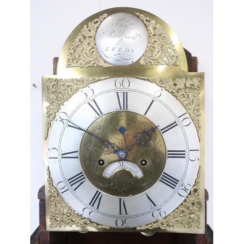 1264 - Geo. III oak long case clock, 44cm arched brass dial with silvered Roman chapter, subsidiary seconds... 