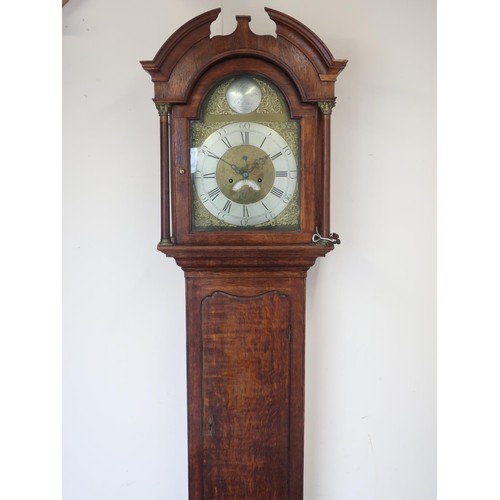1264 - Geo. III oak long case clock, 44cm arched brass dial with silvered Roman chapter, subsidiary seconds... 
