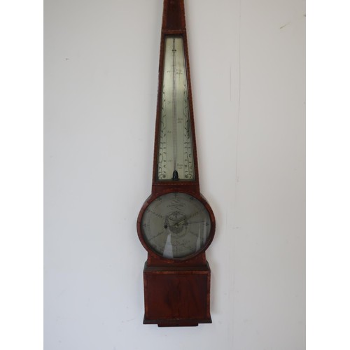 1263 - Late 18th century satinwood crossbanded mahogany mercury barometer and thermometer in shaped taperin... 