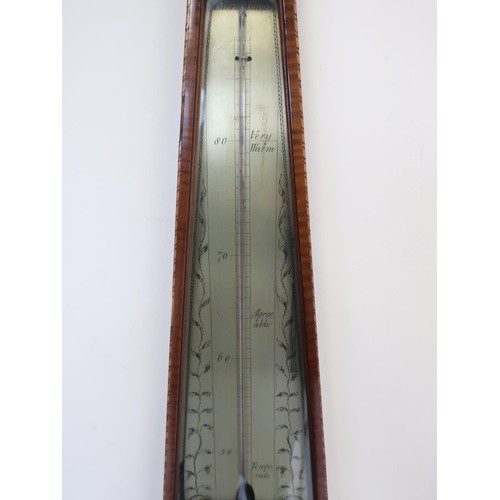 1263 - Late 18th century satinwood crossbanded mahogany mercury barometer and thermometer in shaped taperin... 