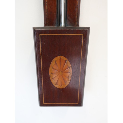 1262 - 19th century chequer banded mahogany arched top stick barometer with brass register and later fan in... 