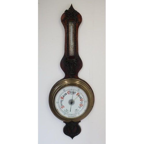 1261 - Large Victorian aneroid wheel barometer and thermometer, 25cm circular dial with brass bezel, 25cm t... 