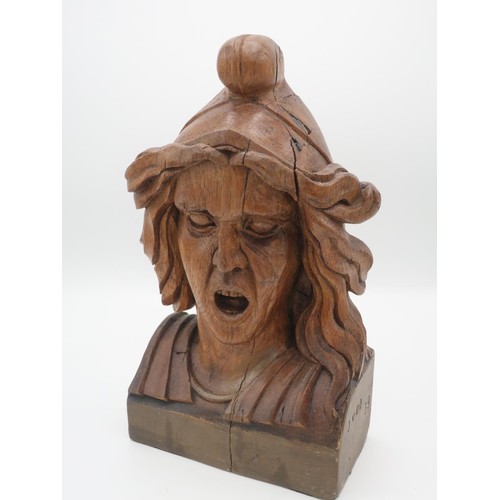 1343 - 20th Century Dutch carved oak Chemists shop Gaper figure, with flowing hair and open mouth, stamped ... 