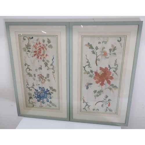 1276 - Pair of early 20th Century needlework panels worked in coloured silks with insects and scrolls 56cm ... 