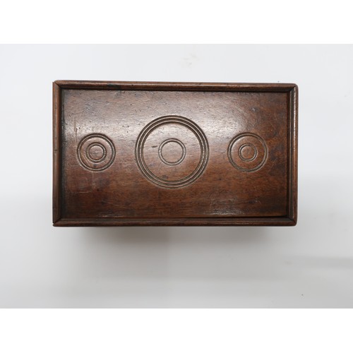 1144 - 19th Century mahogany rectangular four division spice box with sliding lid with draught turned detai... 