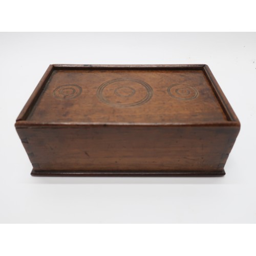 1144 - 19th Century mahogany rectangular four division spice box with sliding lid with draught turned detai... 