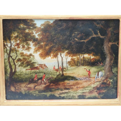 1185 - English Provincial School (19th Century): Set of three Hunting scenes in extensive wooded landscapes... 