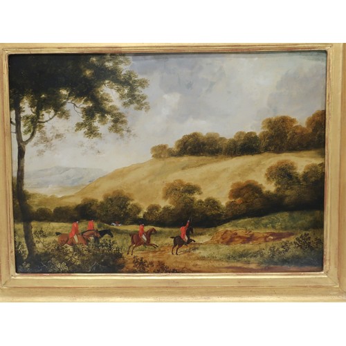 1185 - English Provincial School (19th Century): Set of three Hunting scenes in extensive wooded landscapes... 