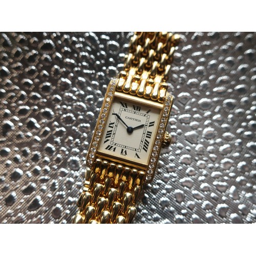 1115 - Ladies Cartier 18k gold Tank quartz wrist watch, textured Roman dial with diamond sides, case stampe... 