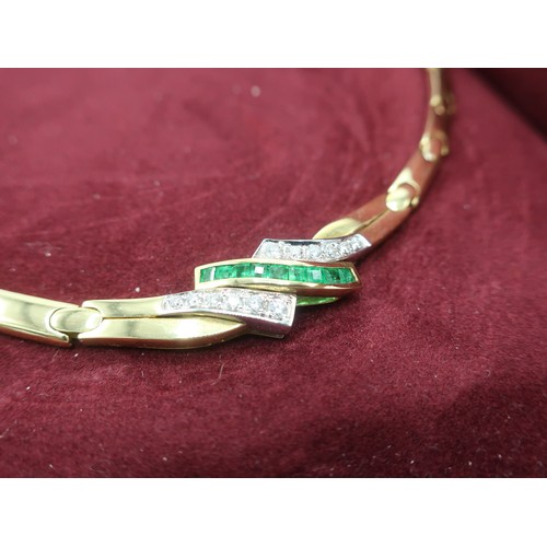 1138 - 18K gold Art Deco style articulated collar necklace, angular crossover set with emerald and diamond ... 